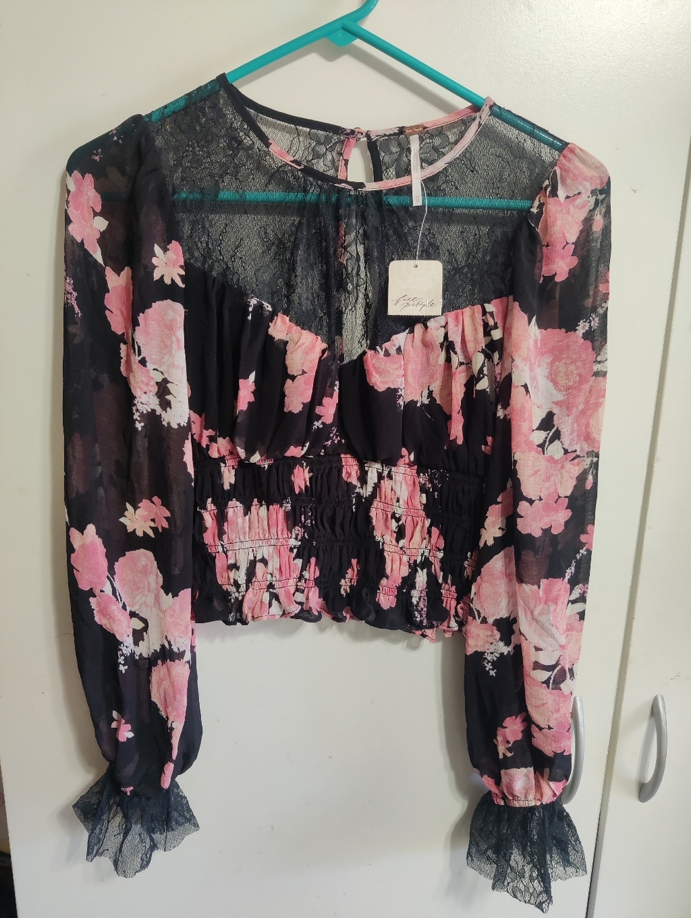 Free People Black Sheer Long-Sleeve Floral Smocked Blouse